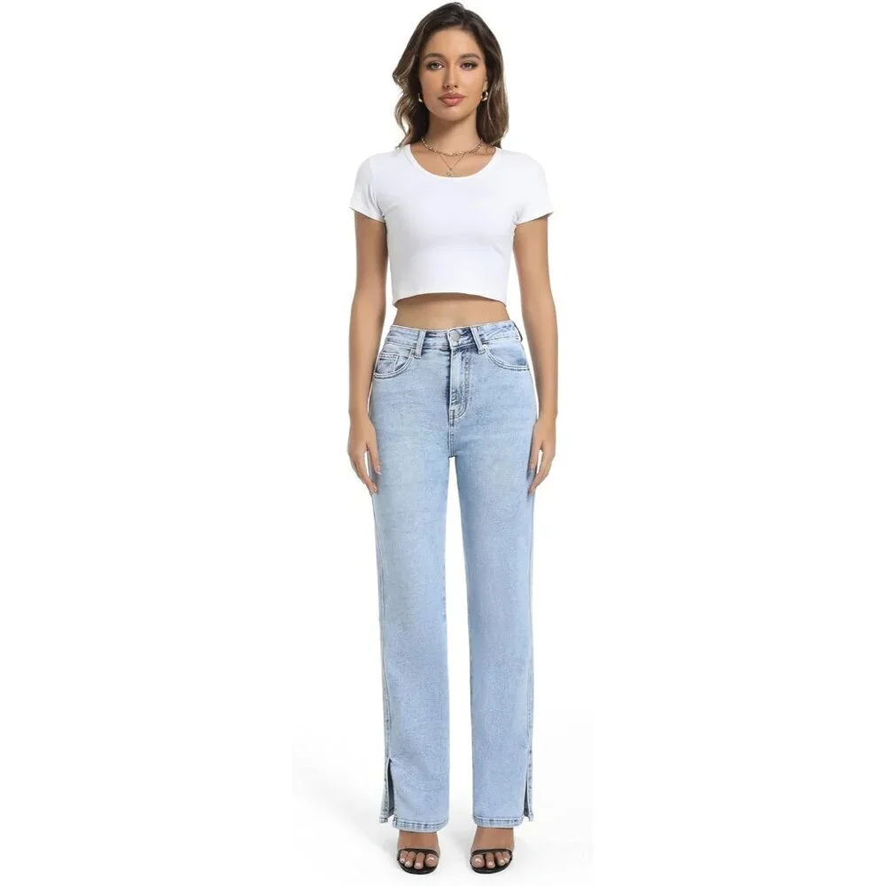 Women’s High Waisted Stretch Straight Leg Jeans Light Blue 6